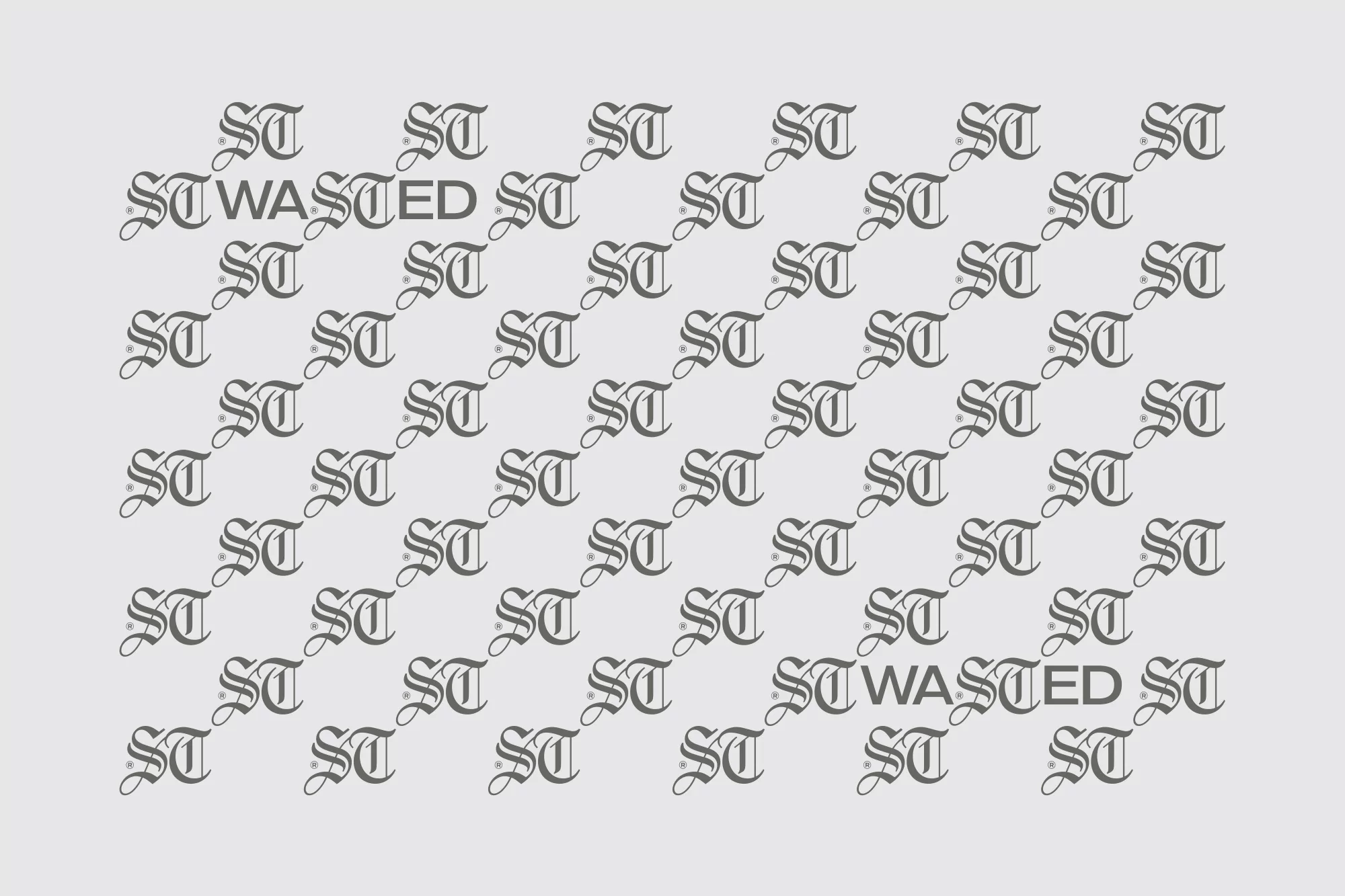 Repeating typographic pattern featuring the word 'WASTED' in Gothic script. Patterned, stylized design on light gray background.
