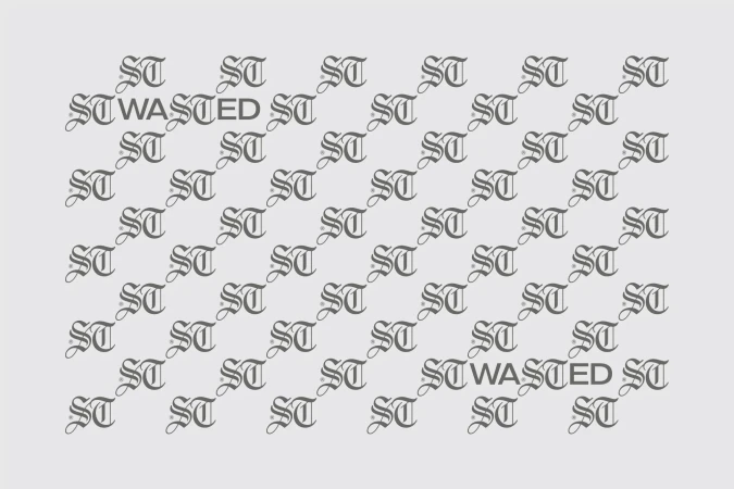 Repeating typographic pattern featuring the word 'WASTED' in Gothic script. Patterned, stylized design on light gray background.