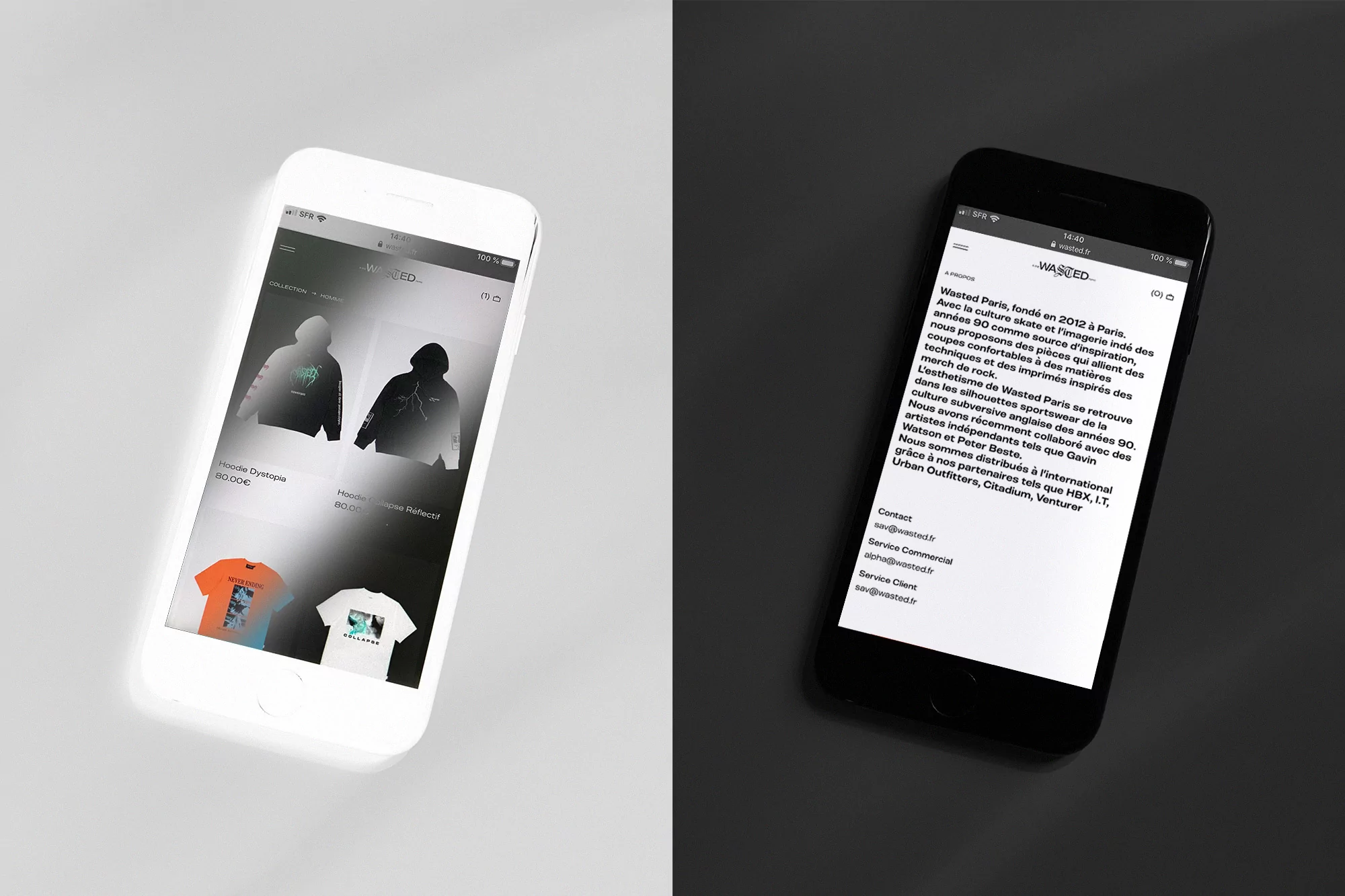 Two smartphones displaying product pages and brand information on a split grey and black background, product presentation, e-commerce.