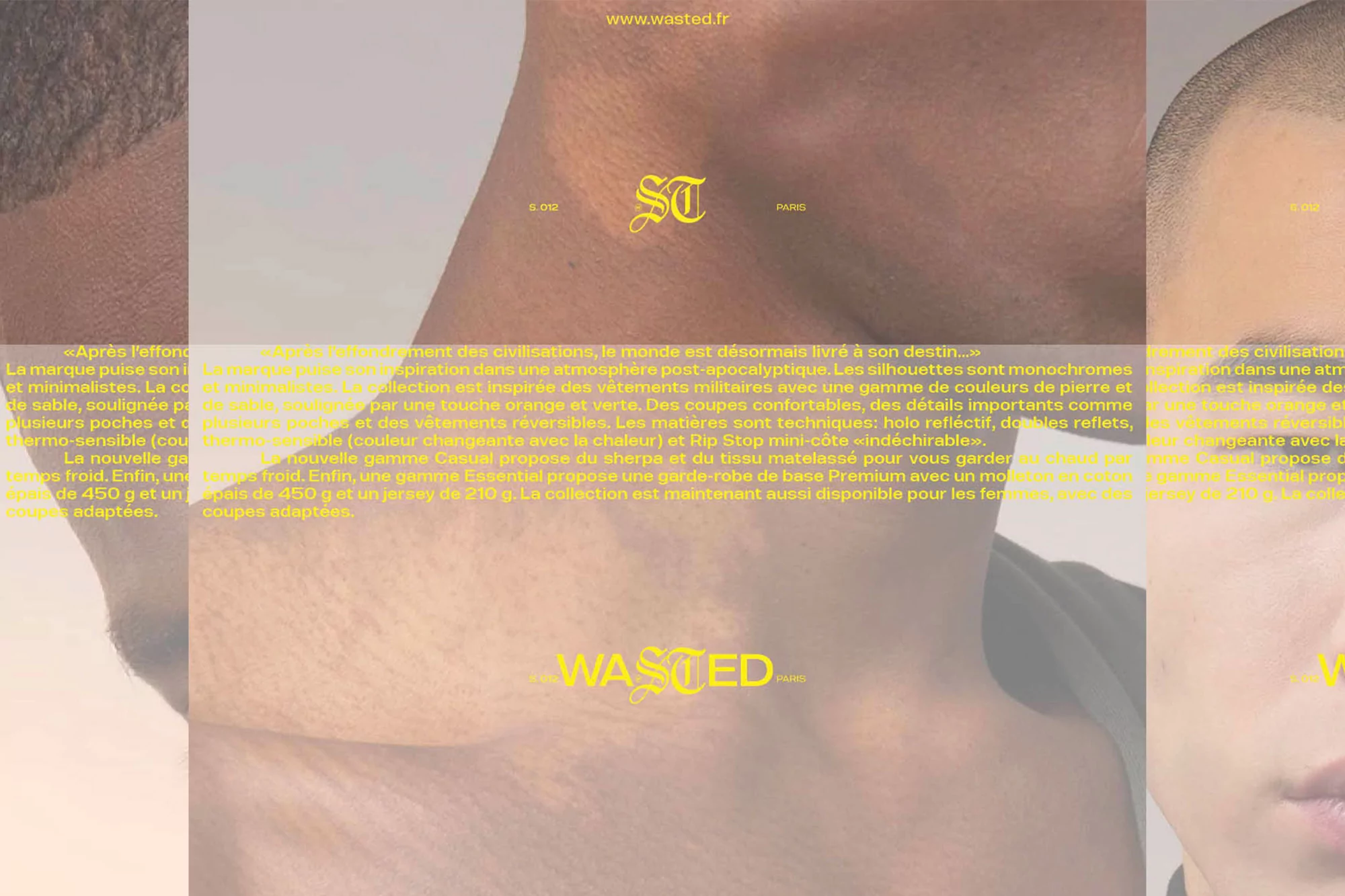 Fashion advertisement featuring two models showcasing apparel. Yellow text overlaps the image, with brand names and marketing text.