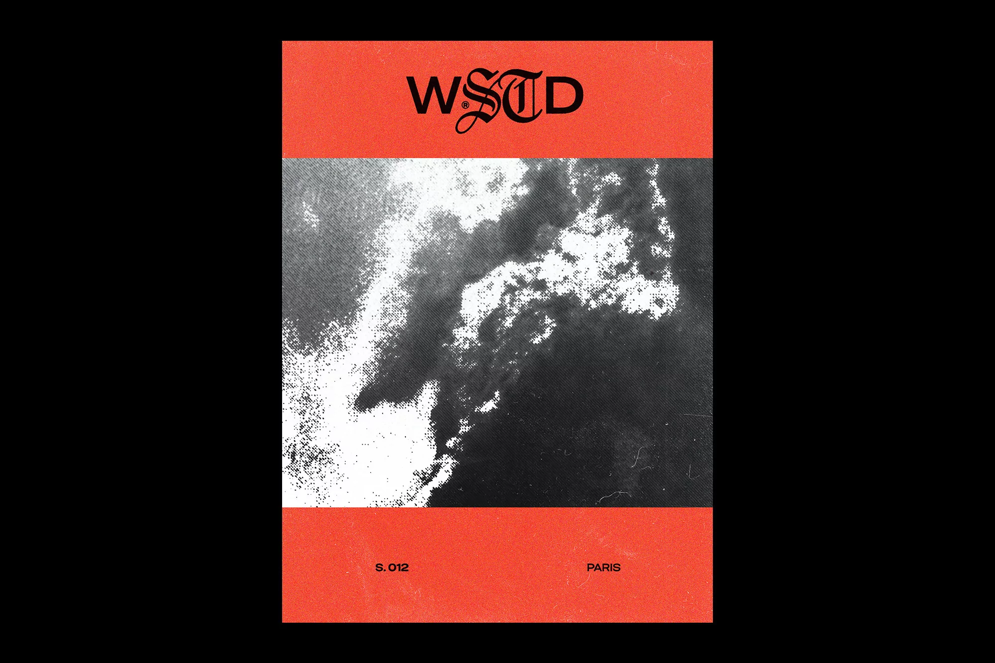An abstract textural background features a red header with stylized text and 'Paris' on a bottom red banner against a black field.
