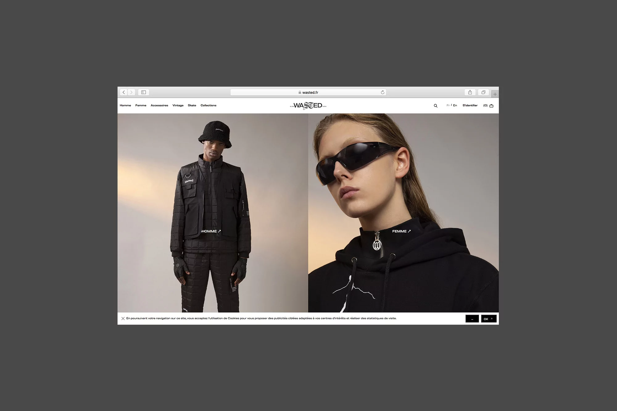 Online fashion store display: a Black man in a jacket and hat, contrasted with a blonde woman wearing sunglasses and a hoodie.