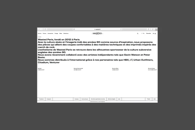 Wasted Paris website on a computer screen, displaying the brand's founding information and brand partners, in a grey and white color scheme.