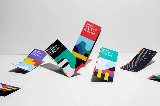Promotional graphics for the Glasgow International festival in 2020, featuring bold colors and geometric designs on a white background.