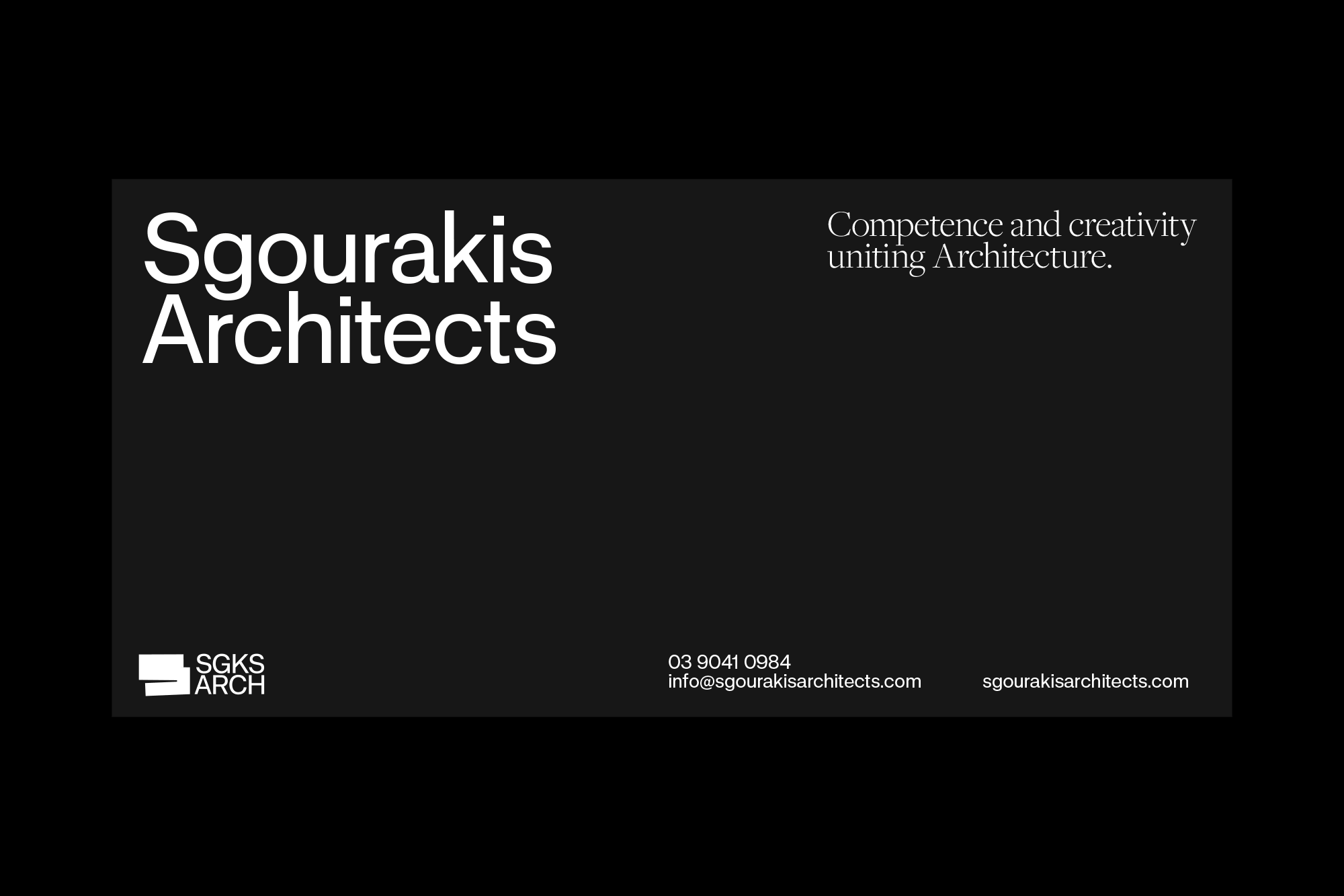 Sgourakis Architects advertisement featuring a minimalist design with white text on a black background, promoting competence and creativity.