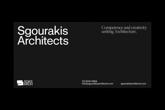 Sgourakis Architects advertisement featuring a minimalist design with white text on a black background, promoting competence and creativity.
