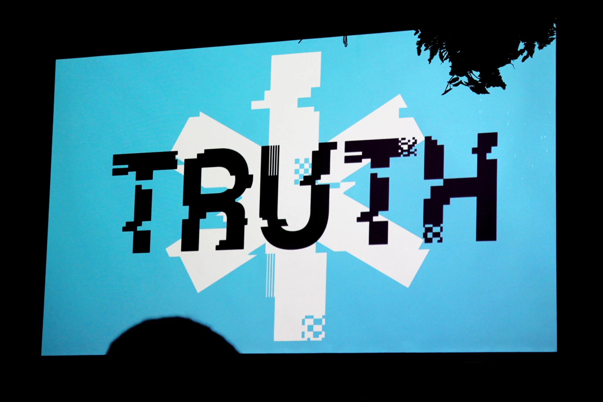 Graphic image of the word TRUTH in pixelated black letters over a white starburst on a light blue background, dark vegetation overhead.