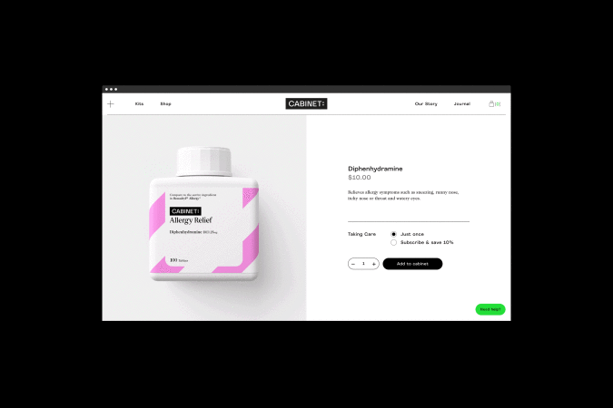 Cabinet Diphenhydramine Allergy Relief medication bottle on a website page with product details and subscription options.