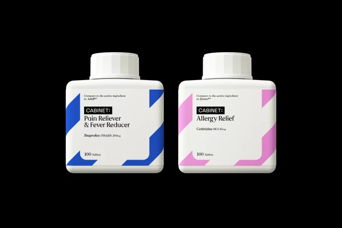 Two bottles of Cabinet brand medicine against a black background. One is for pain relief and the other for allergy relief.