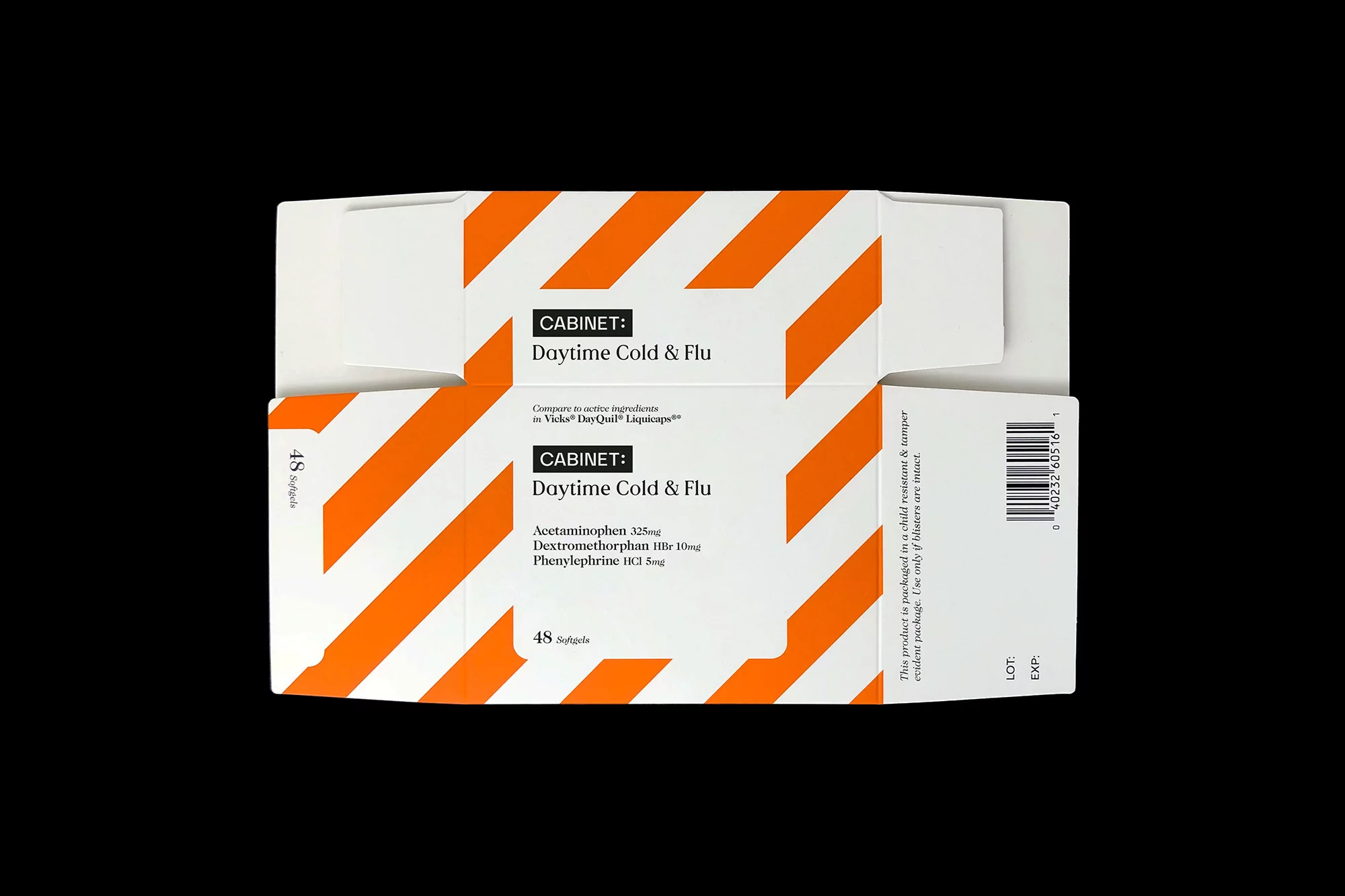Boxed daytime cold and flu medicine with ingredients and dosage information. Orange and white color scheme, dark background.