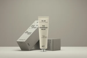 AKT deodorant balm tube standing upright against a pale grey background with matching packaging boxes