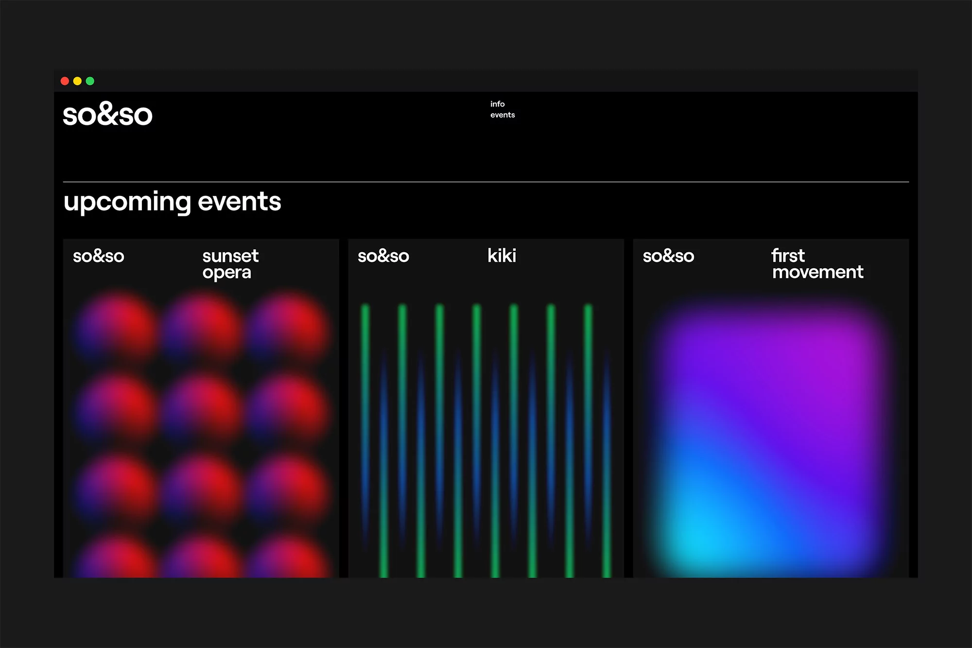 Website mockup displaying upcoming events with blurred colorful backgrounds and bold sans-serif typography on a dark backdrop.