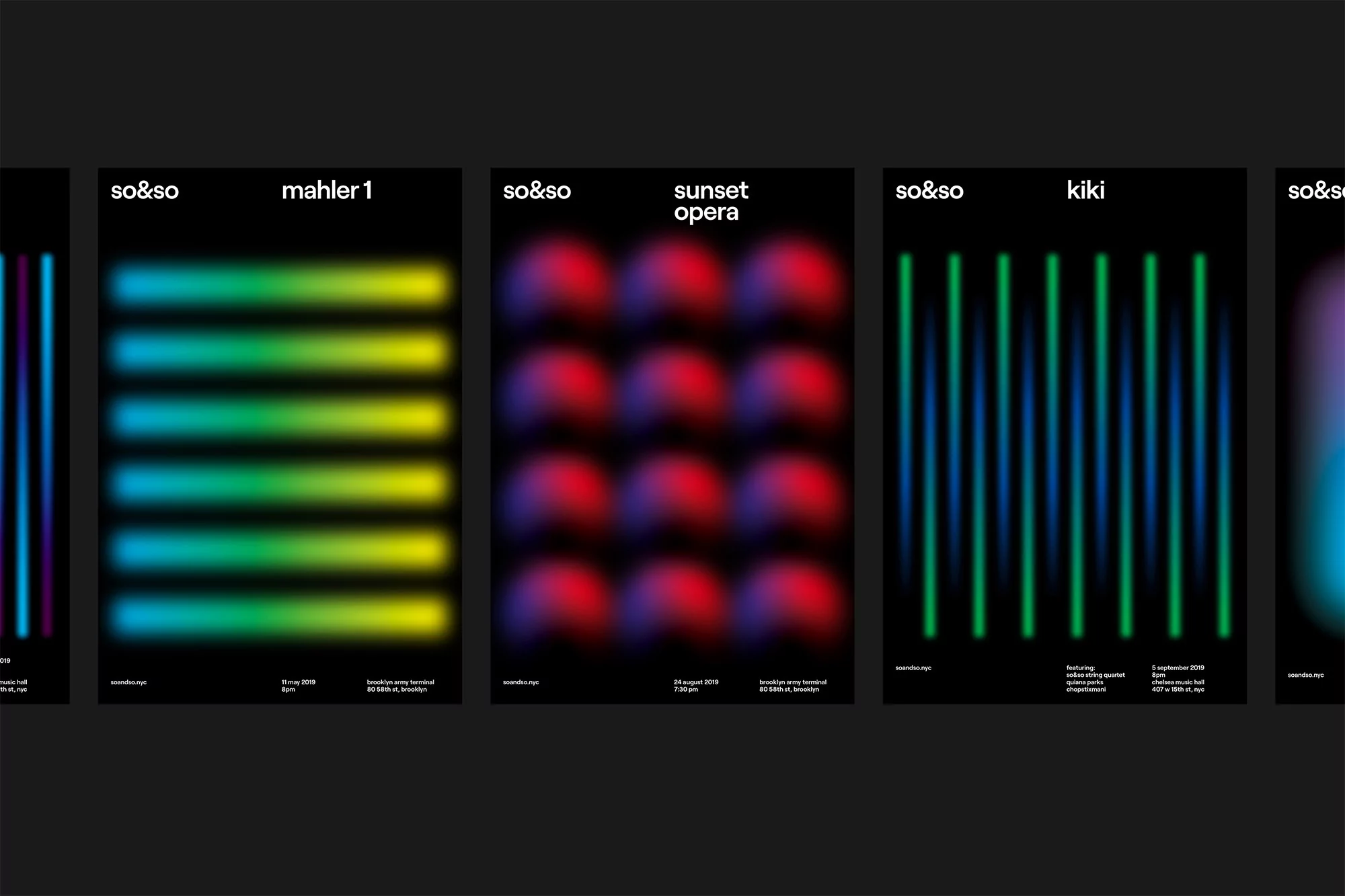 Multiple digital posters on a dark backdrop feature colorful, blurred lines and shapes, with 'so&so' and concert details in white text.