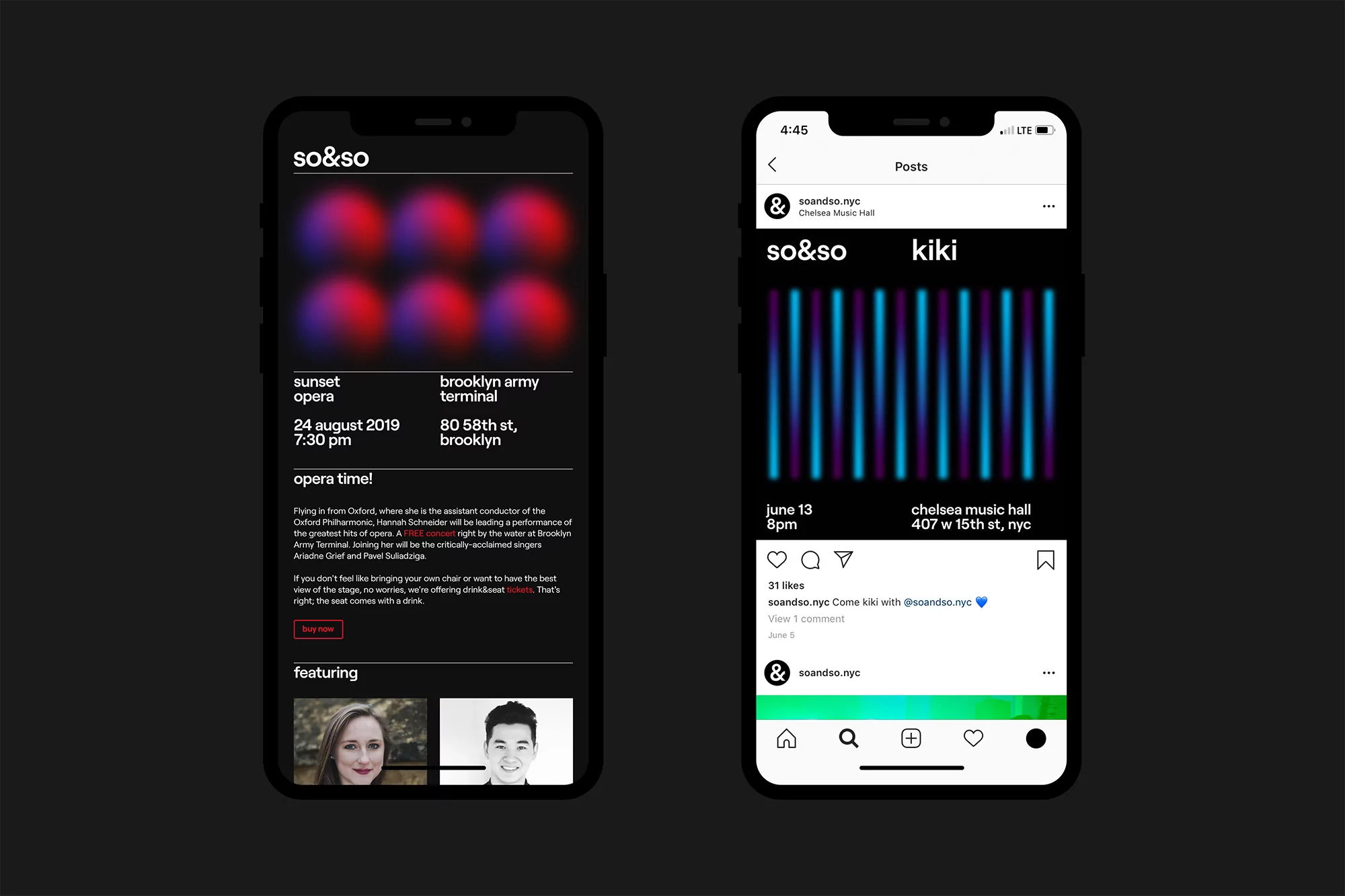 Two iPhone mockups showcase social media posts advertising an opera event and a music event with bold visual designs and text.