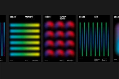 Series of dark poster designs featuring glowing abstract neon lines and gradients against black backgrounds for so and so.