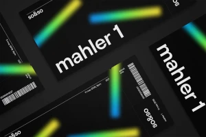 Graphic design brand identity featuring black tickets with white typography and blurred glowing light streaks