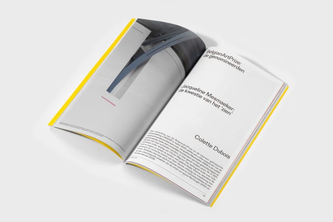 Open magazine featuring article on Belgian Art Prize with the text Jacqueline Mesmaeker; the kwestie van het 'zien' visible.