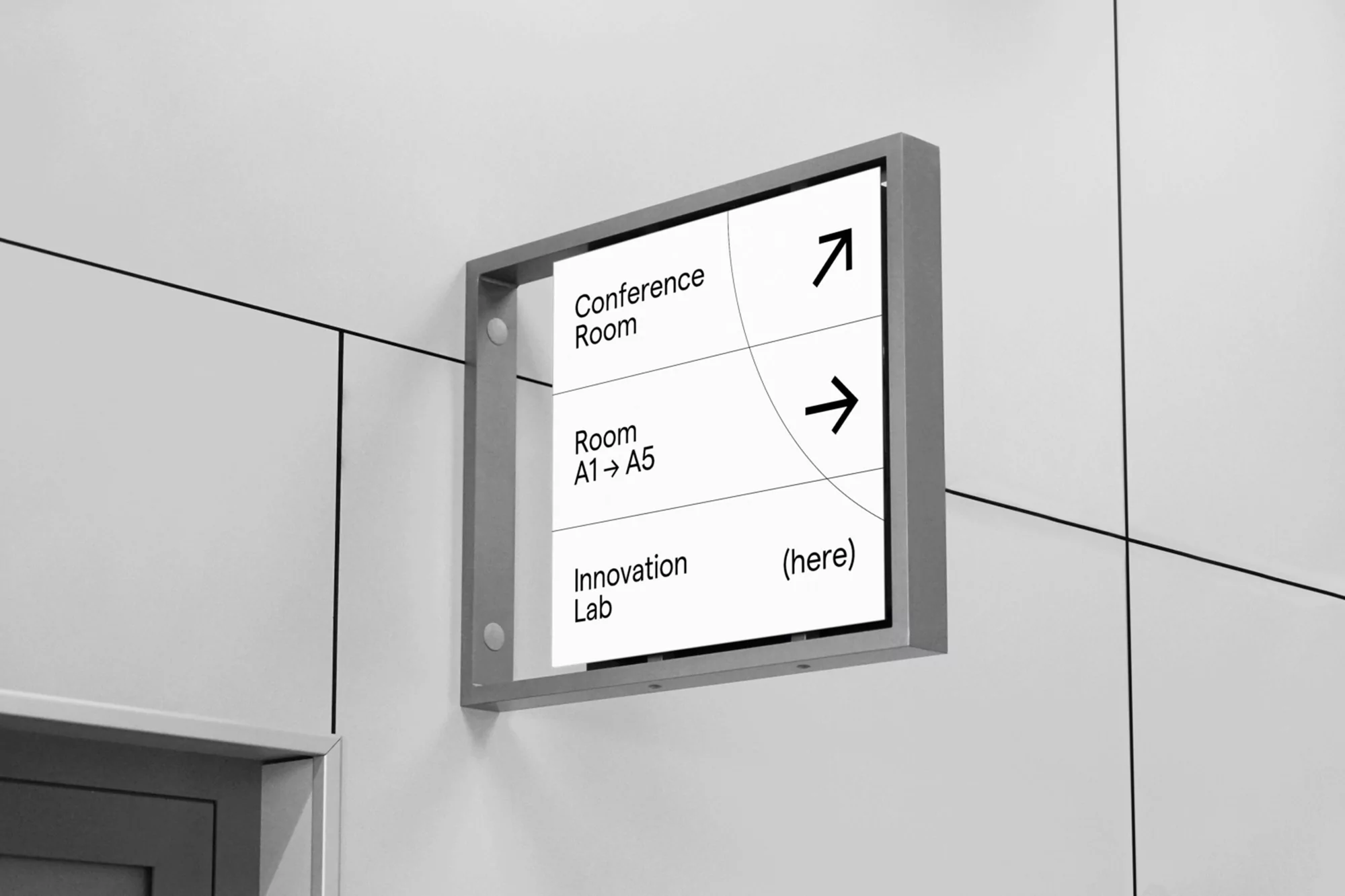 Indoor directional sign in a modern interior with text directing toward the conference room, room A1 to A5, and innovation lab.