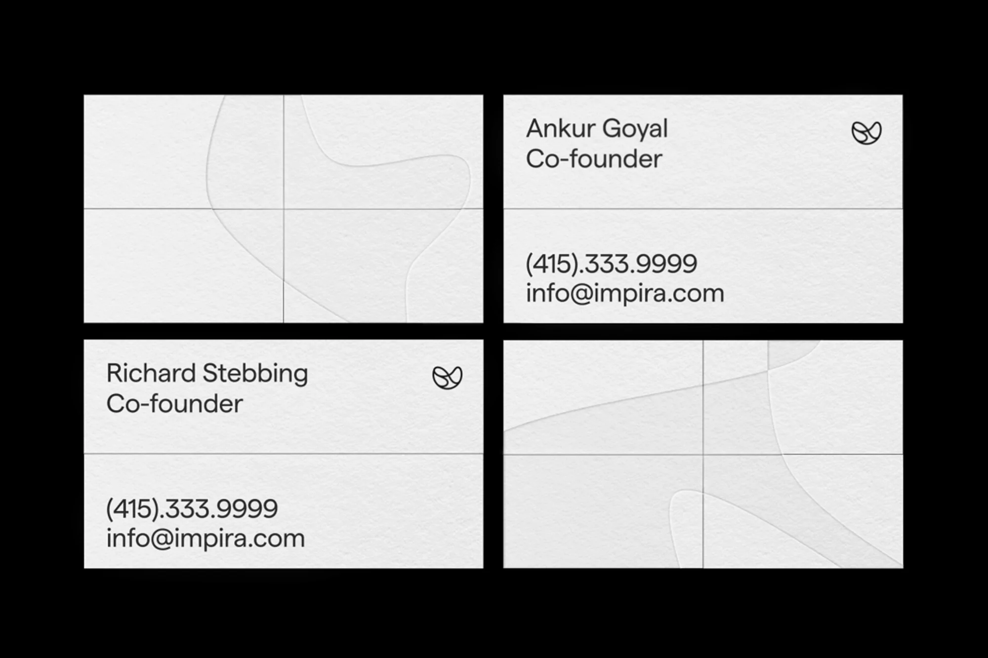 Four business cards in white and black, featuring names, titles, contact details, and minimalist design elements.