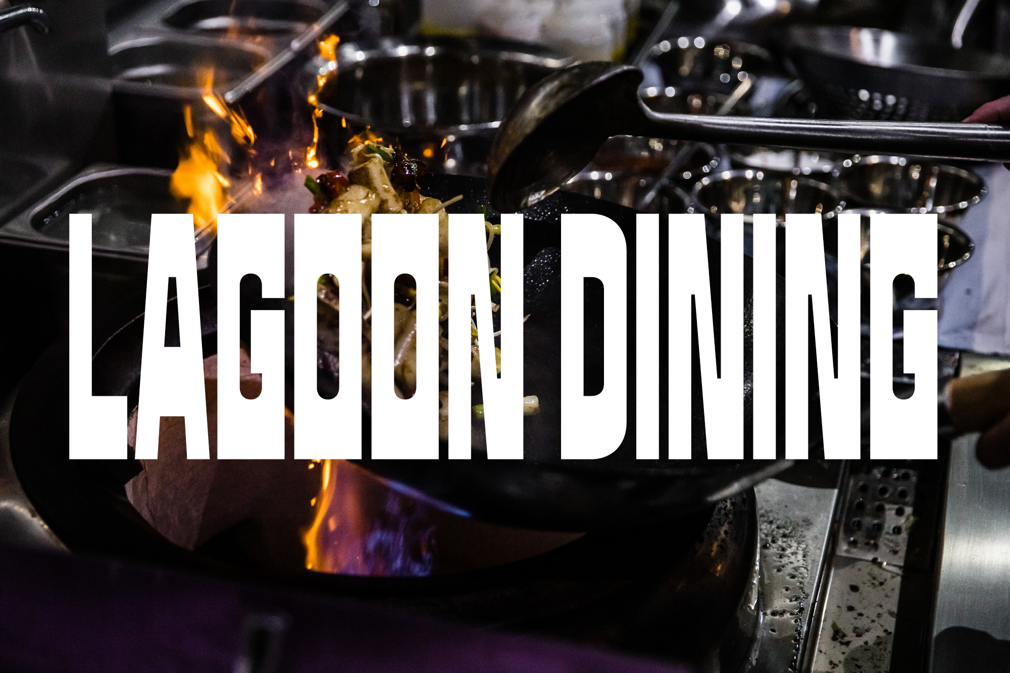 A culinary scene captures a wok on fire in a commercial kitchen. Utensils and steel bowls sit in the background, with bold white text overlay.