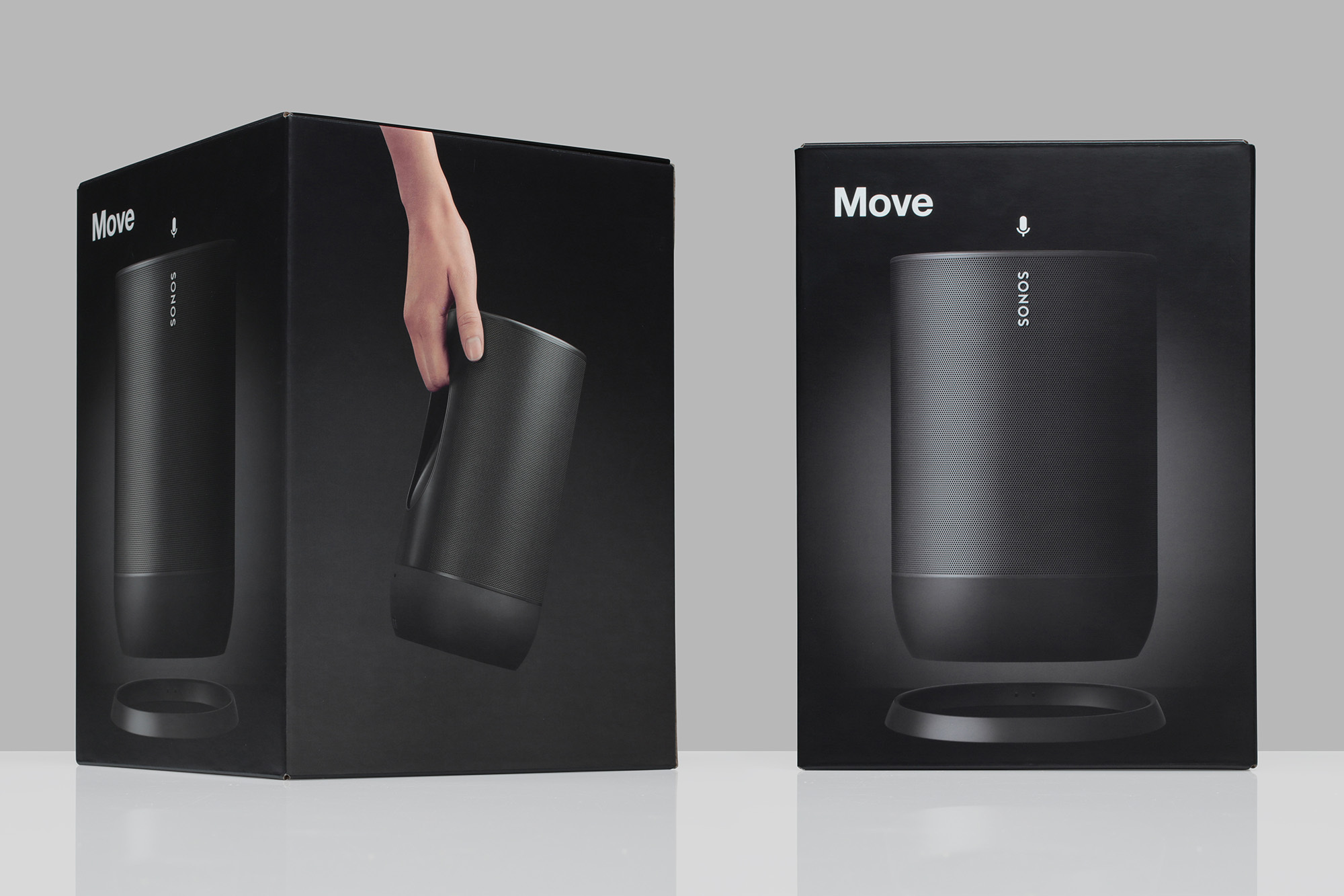 Two black boxes feature a Sonos Move speaker: one shows a hand lifting it, the other shows the speaker and charging base.
