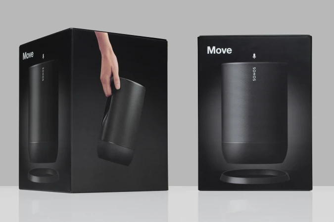 Two black boxes feature a Sonos Move speaker: one shows a hand lifting it, the other shows the speaker and charging base.