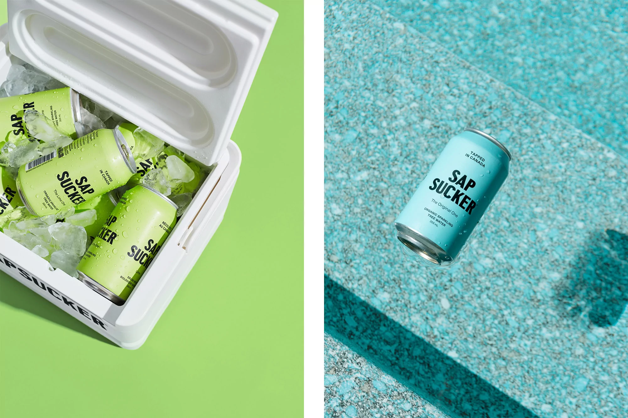 Two scenes show cans of Sap Sucker sparkling tree water in a cooler and floating on a teal surface, in bright, summery light.