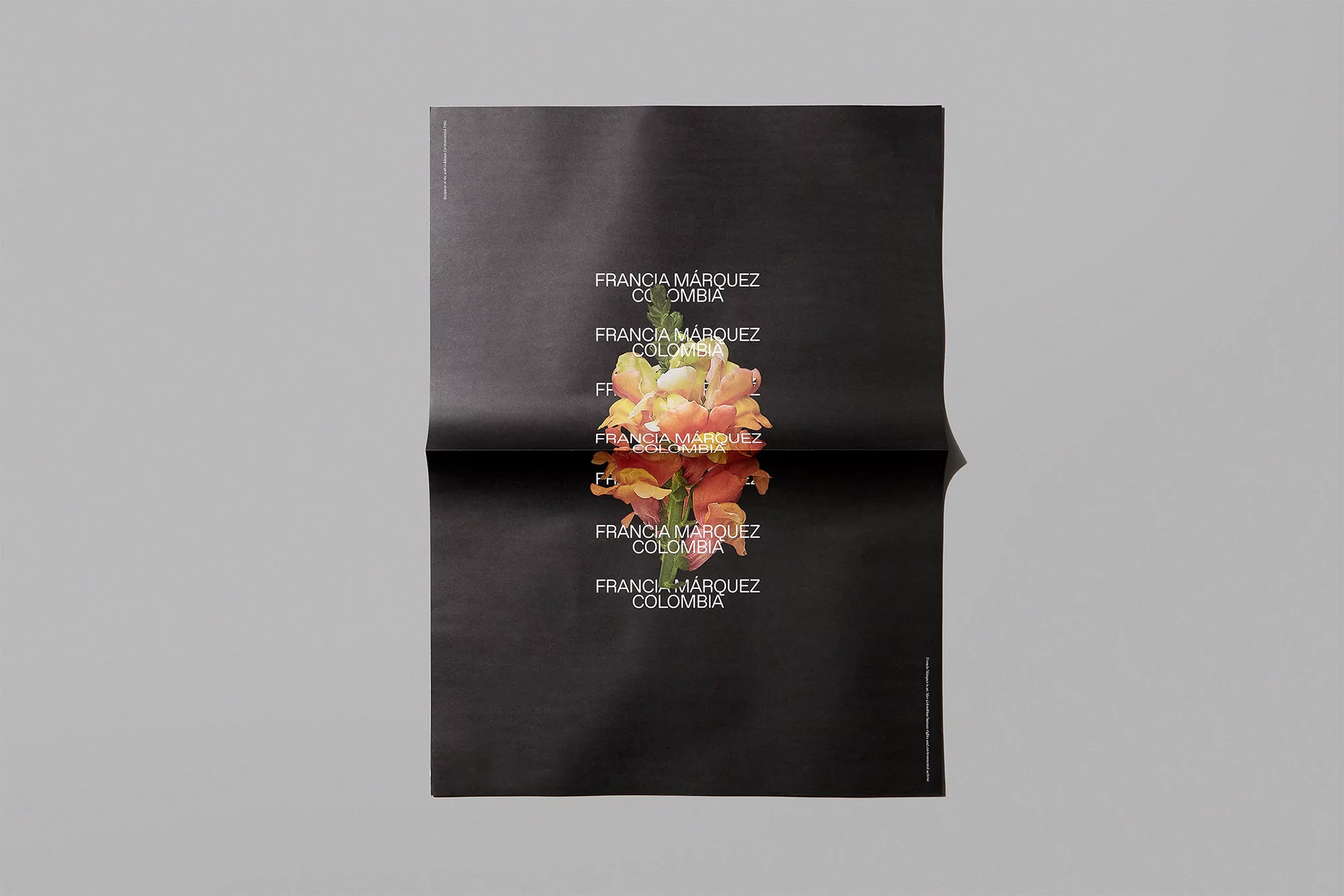 Black poster featuring stacked text 'Francia Marquez Colombia' around a central floral image, set against a neutral gray background.