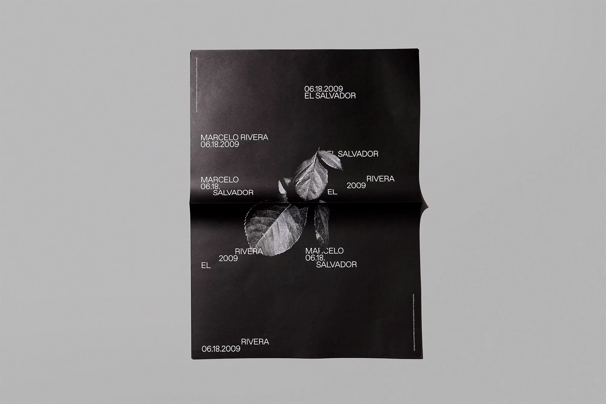 Minimalist black poster with white text, Marcelo Rivera and dates, featuring a small leaf detail, creating a stylish and modern design.