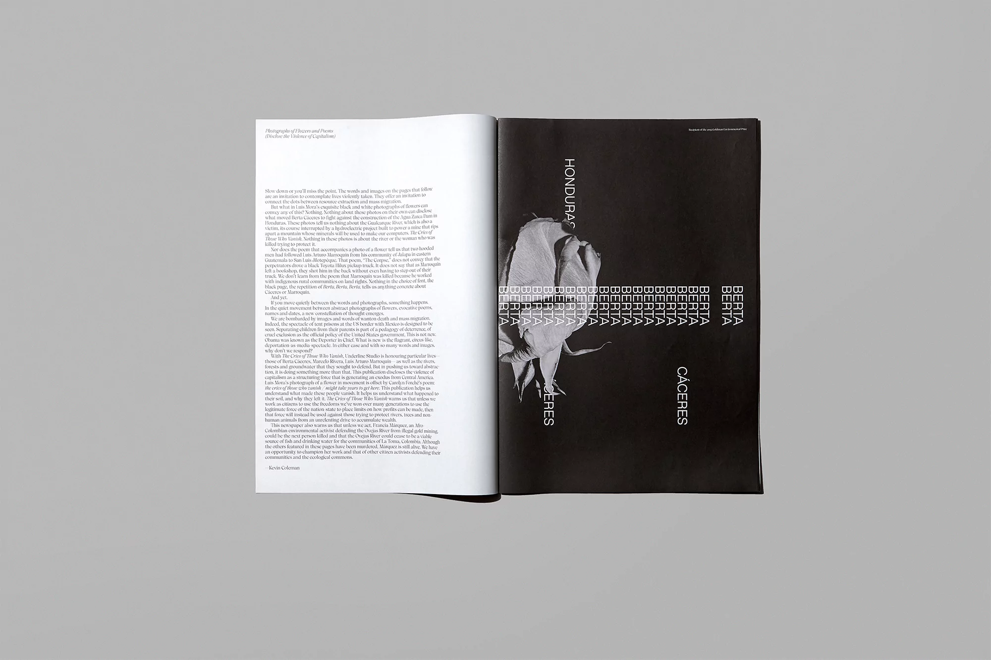 Open magazine with a striking black and white image of a flower next to text-filled pages, spread against a neutral gray background.