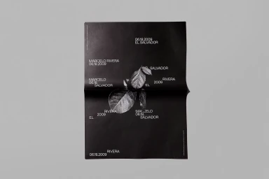 Black poster featuring typographic elements and a central leaf graphic set against a light grey background.
