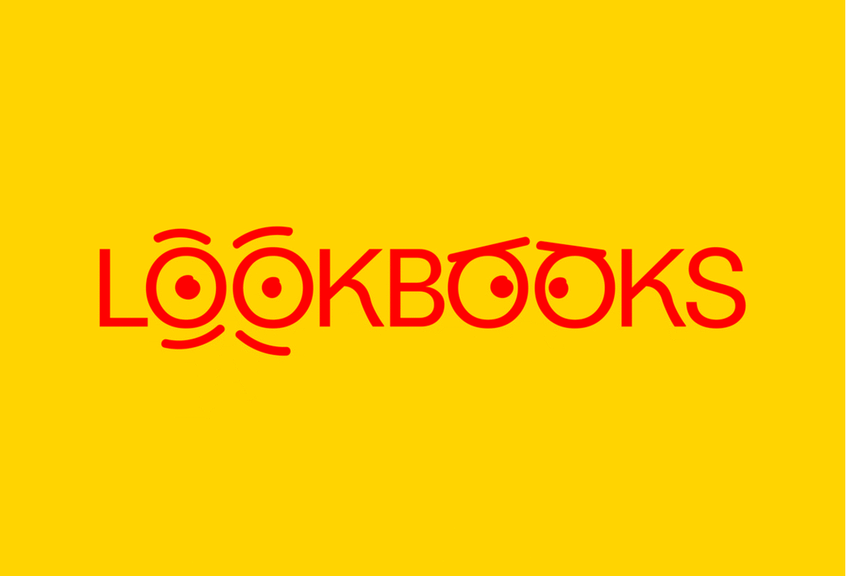 Red 'LOOKBOOKS' graphic on yellow background, with letter 'O' stylized as eyes, creating a playful, eye-catching typographic design.