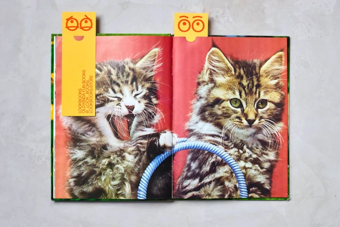 Open book featuring two fluffy kittens and decorative yellow bookmarks on a white marble surface in soft lighting.