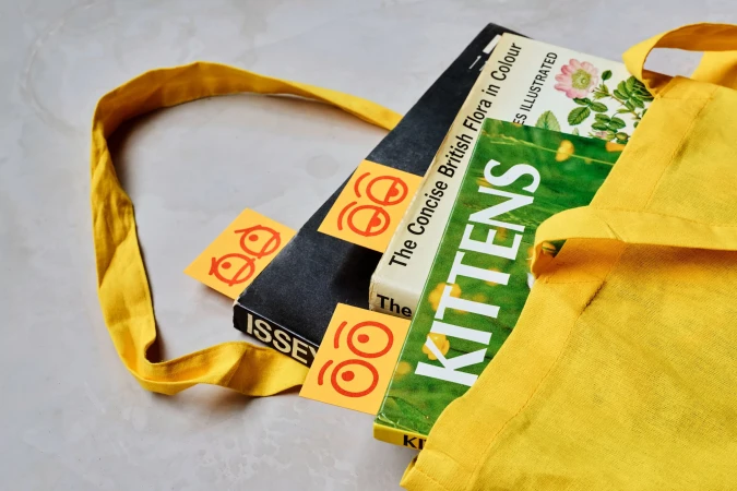 Books with attached cartoon eyes in a yellow tote bag. Includes titles like 'The Concise British Flora in Colour' and 'Kittens'.