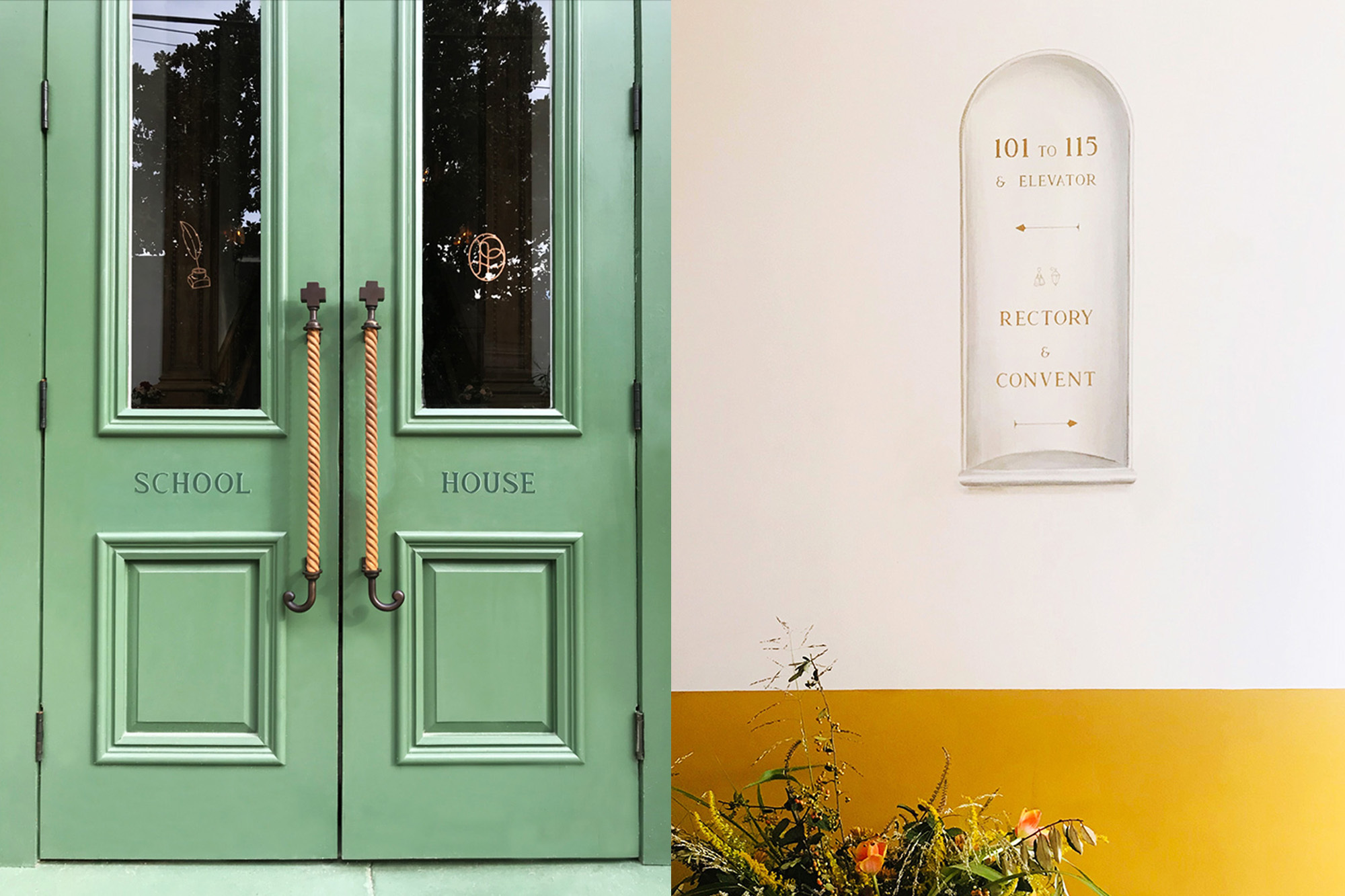 Exterior view of a green schoolhouse door with gold lettering, complemented by a wall sign and a vibrant flower arrangement.