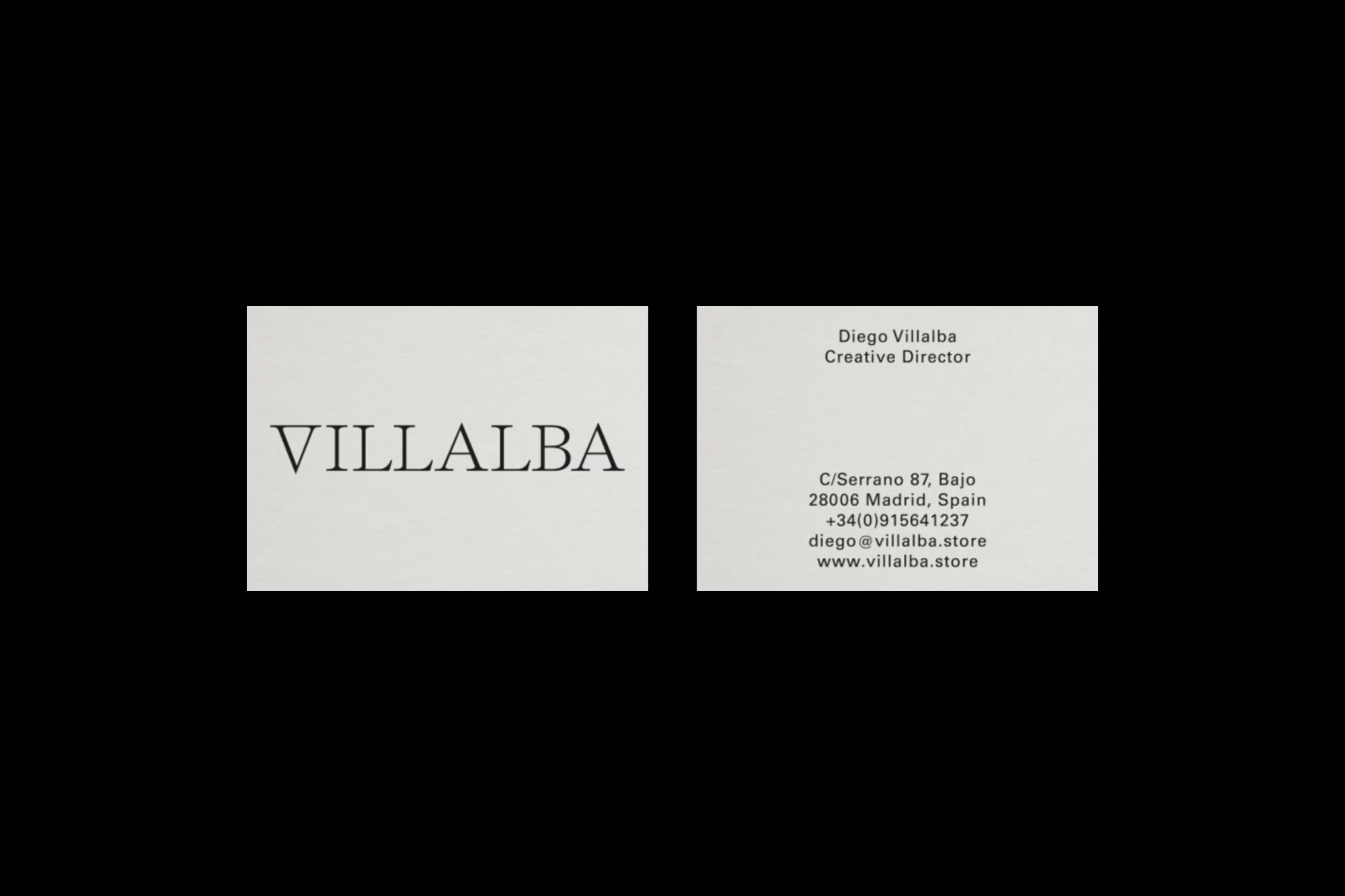 Two business cards. One card features the name VILLALBA, while the other lists Diego Villalba's contact details and address in Madrid, Spain.