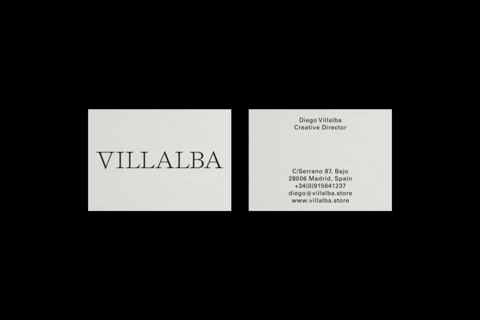 Two business cards. One card features the name VILLALBA, while the other lists Diego Villalba's contact details and address in Madrid, Spain.