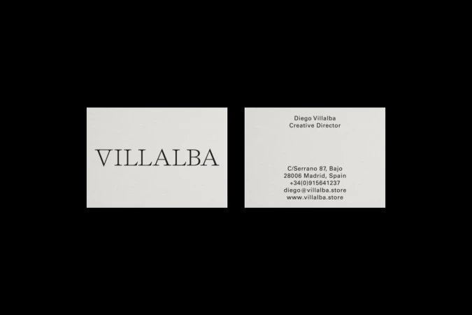Two business cards. One card features the name VILLALBA, while the other lists Diego Villalba's contact details and address in Madrid, Spain.