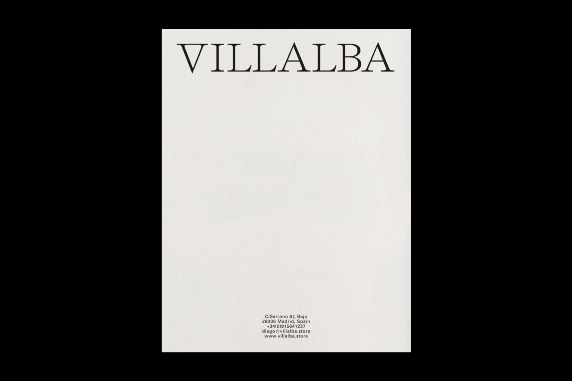 Minimalist product image featuring the brand name VILLALBA in bold, set against a clean white backdrop, for online store advertising.