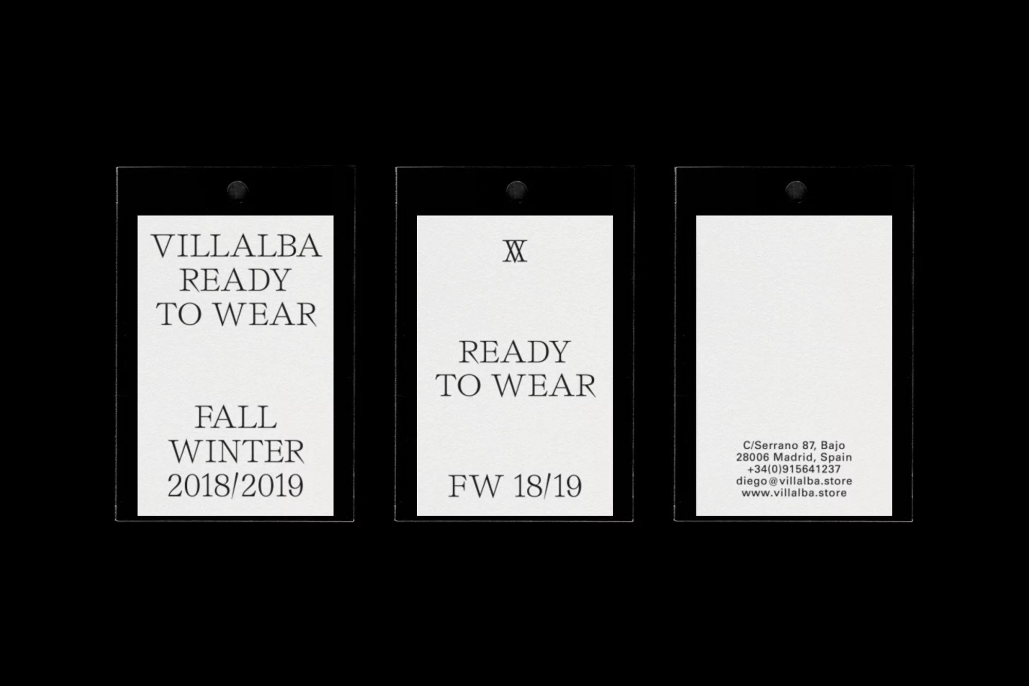 Three tags with fashion brand and contact information, set against a black background, featuring a minimalist aesthetic.