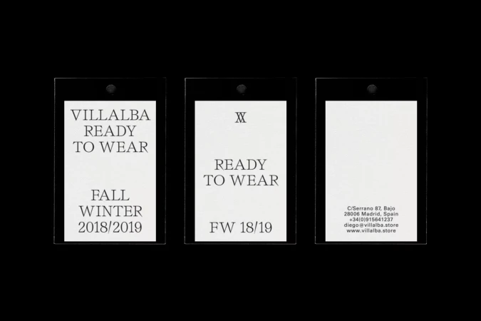 Three tags with fashion brand and contact information, set against a black background, featuring a minimalist aesthetic.