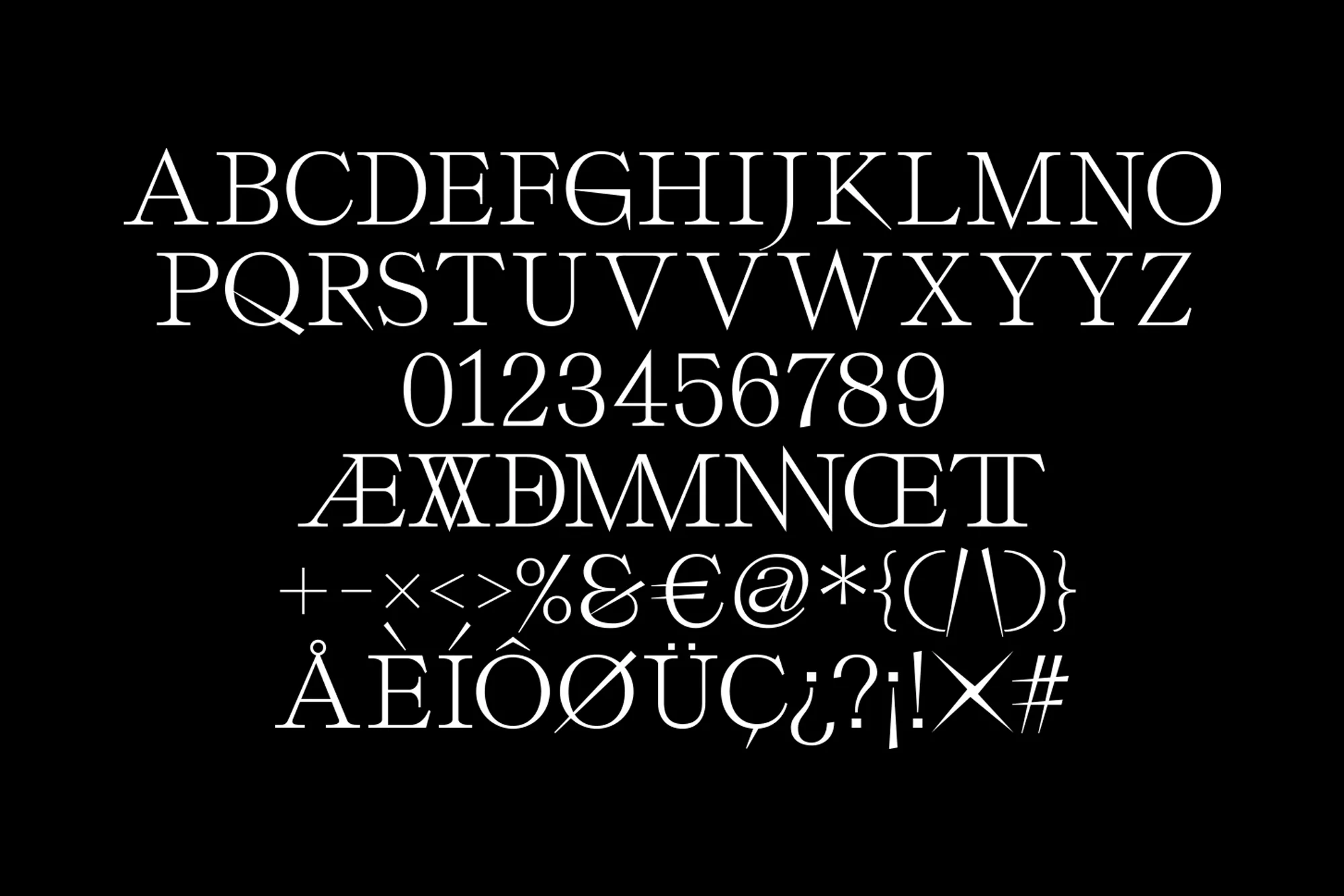 Alphabet and numbers displayed in a serif typeface against a black background. Font design featuring uppercase letters and numerals.