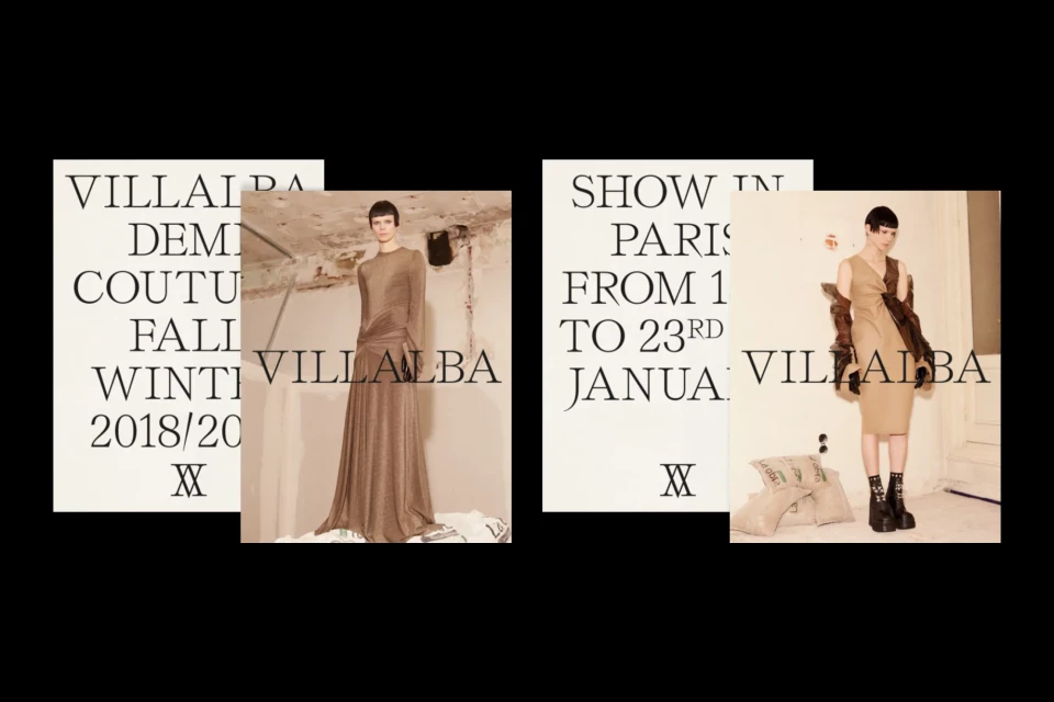 Fashion editorial featuring two women models wearing Villalba couture against a black background with superimposed text from a fashion show.
