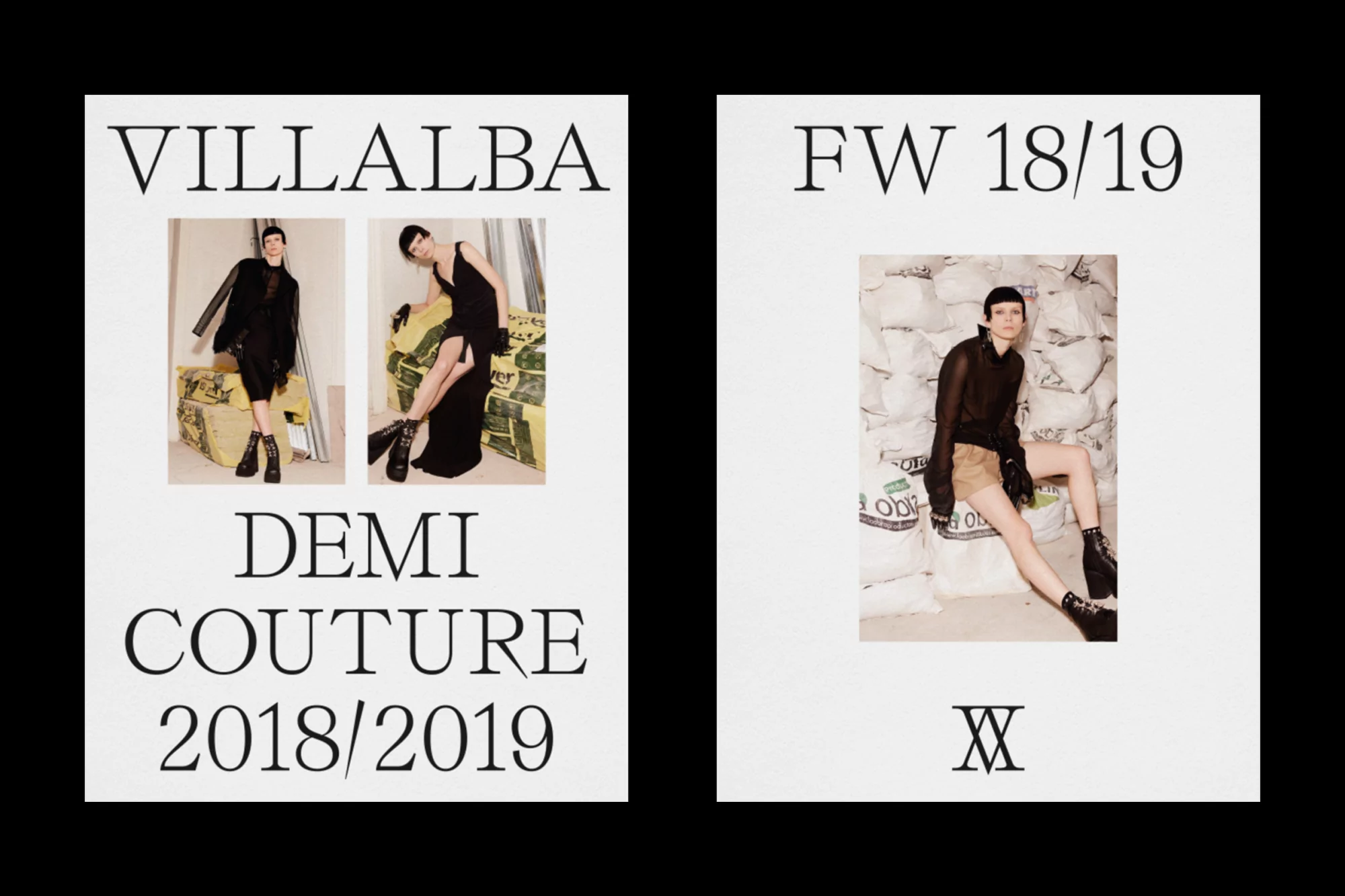 Editorial fashion layout featuring two dark-haired women posing in black couture on a white backdrop with fashion brand text.