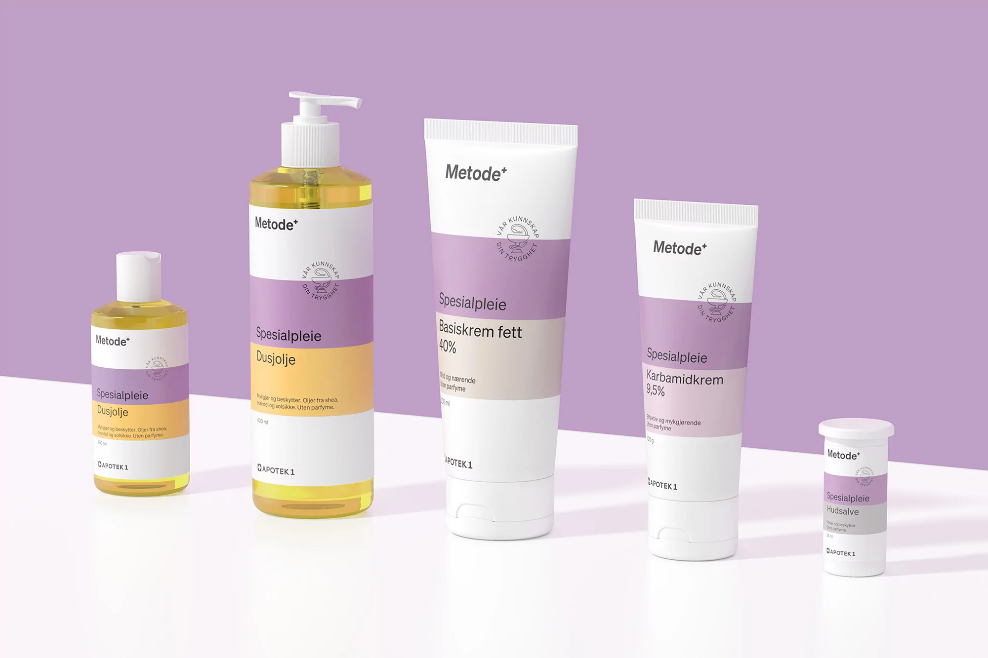 Five bottles and tubes of Metode skin care products line up against a light purple background in a product studio shot.