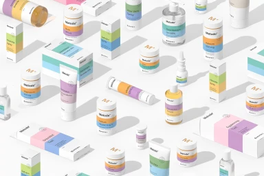 Isometric product photography of Metode healthcare and wellness packaging arranged on a white seamless surface