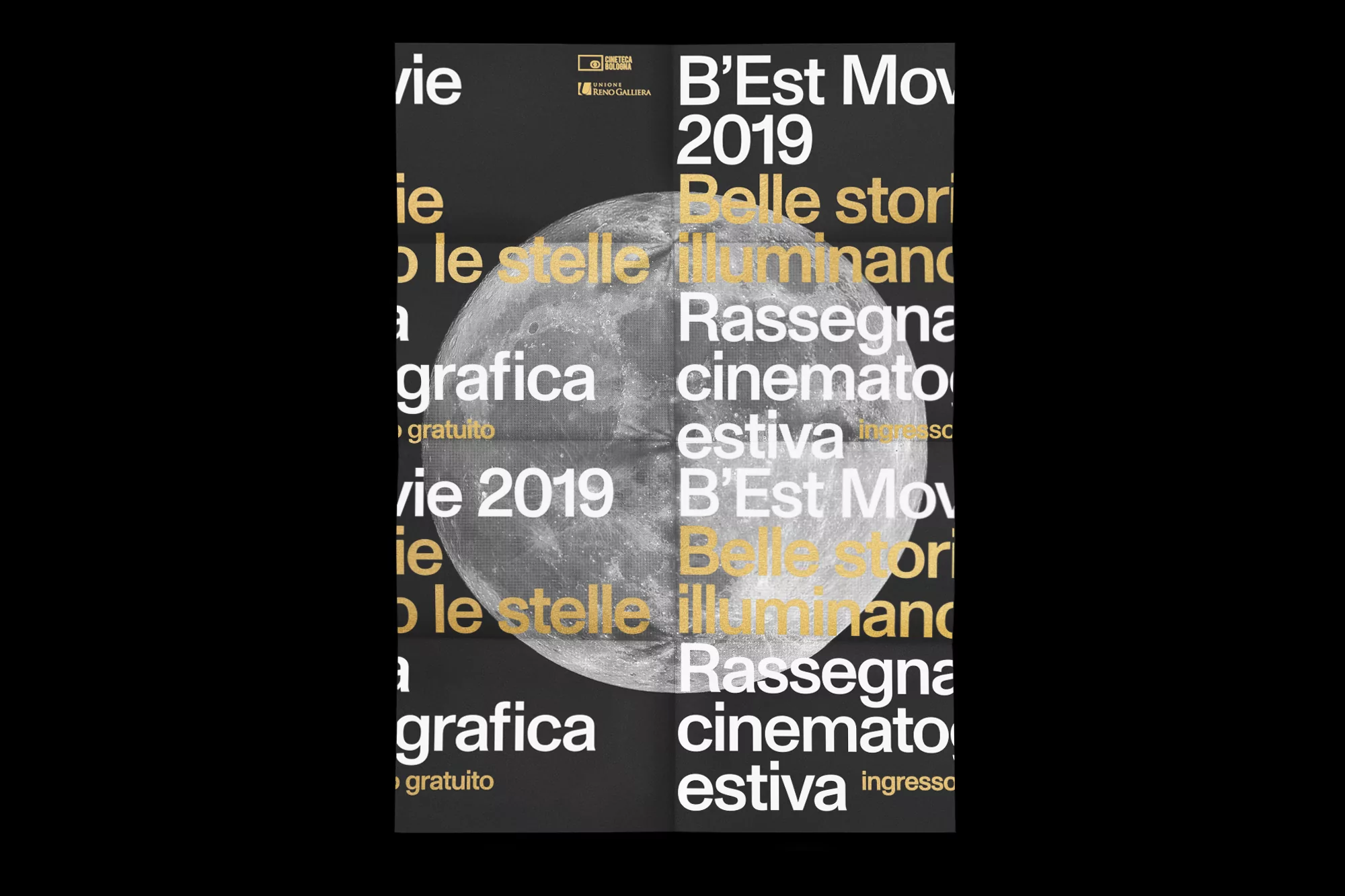 Promotional poster featuring a moon graphic overlaid with event titles and text, in shades of black, grey, and gold.