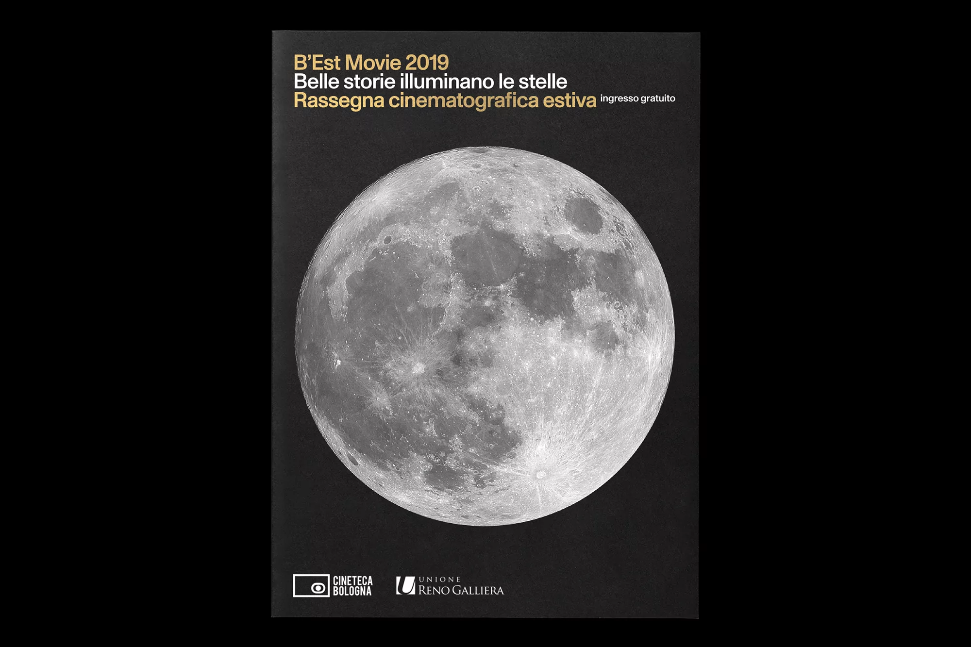 Poster graphic featuring a detailed, gray-toned full moon against a black background, promoting the 'B'Est Movie 2019' film series.