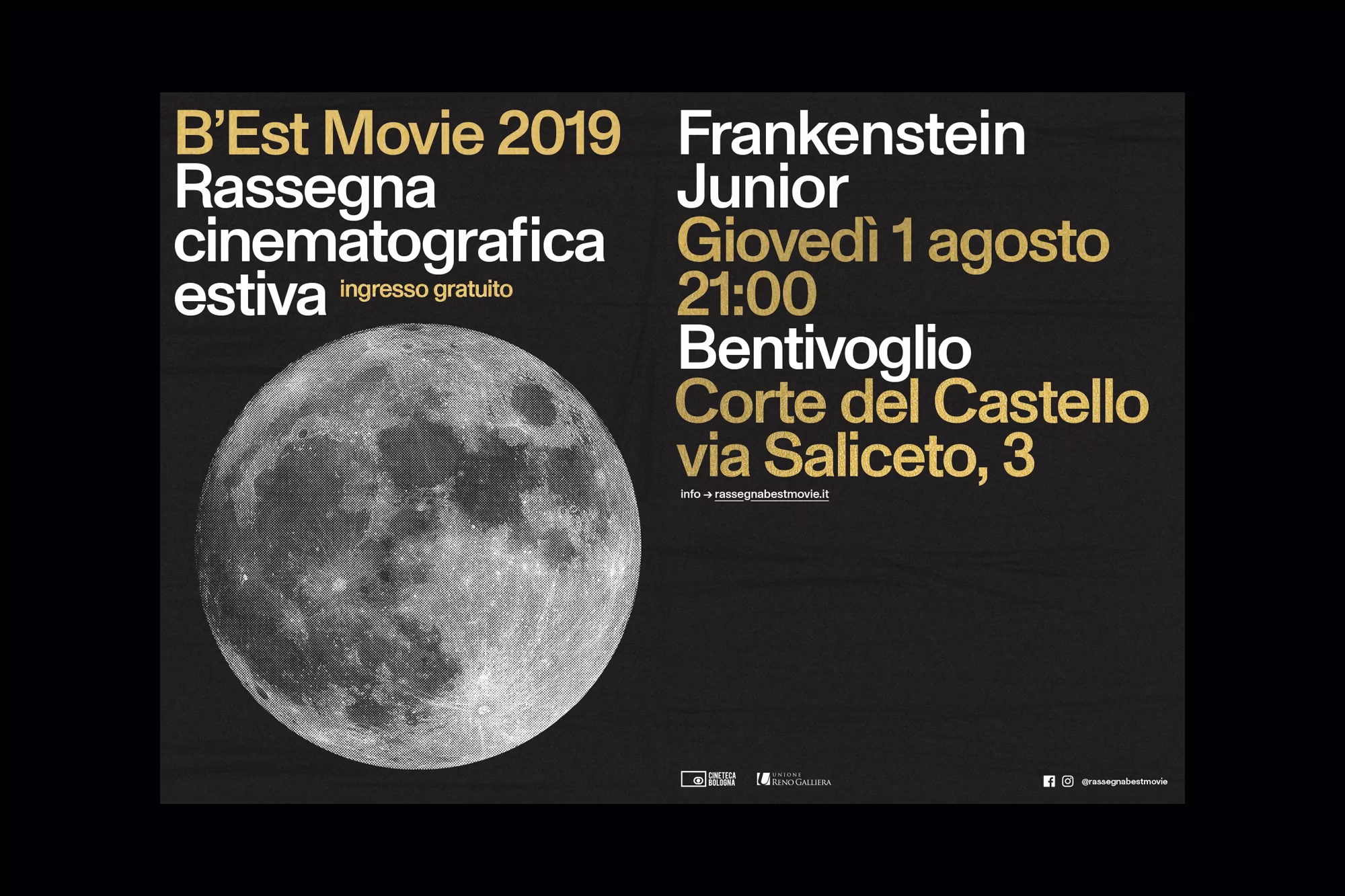 Movie poster for B'Est Movie 2019, Rassegna cinematografica estiva featuring Frankenstein Junior, showing a full moon against a black background.