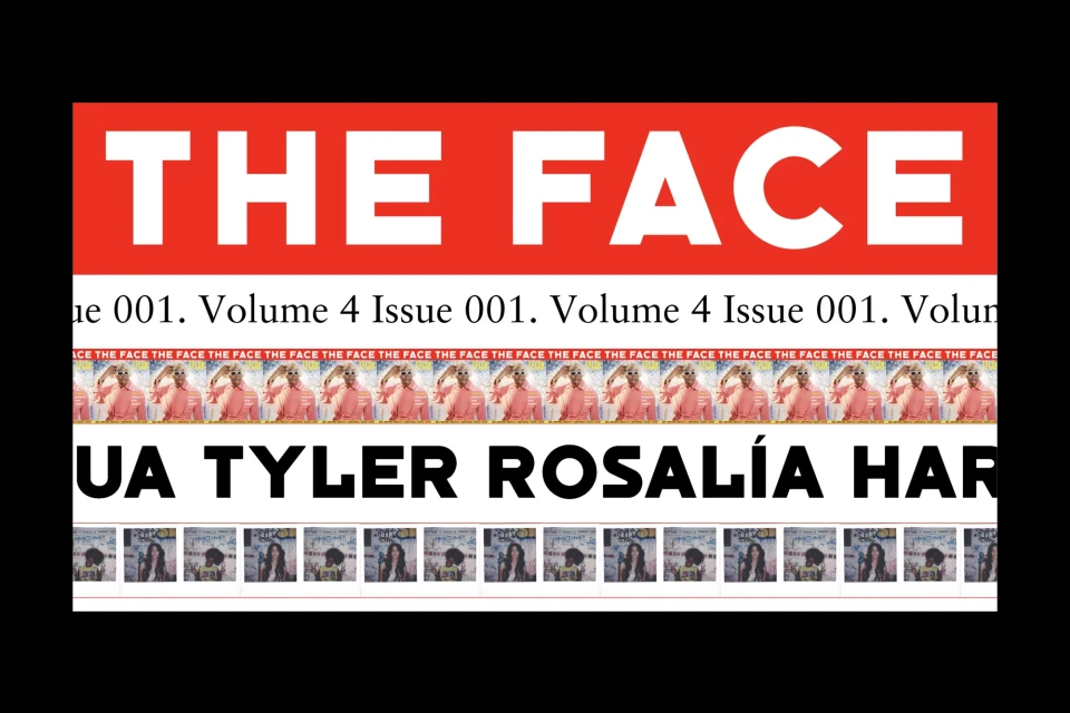 Multiple covers of The Face magazine featuring a variety of portrait images, issue 001, volume 4, displayed in a grid format.